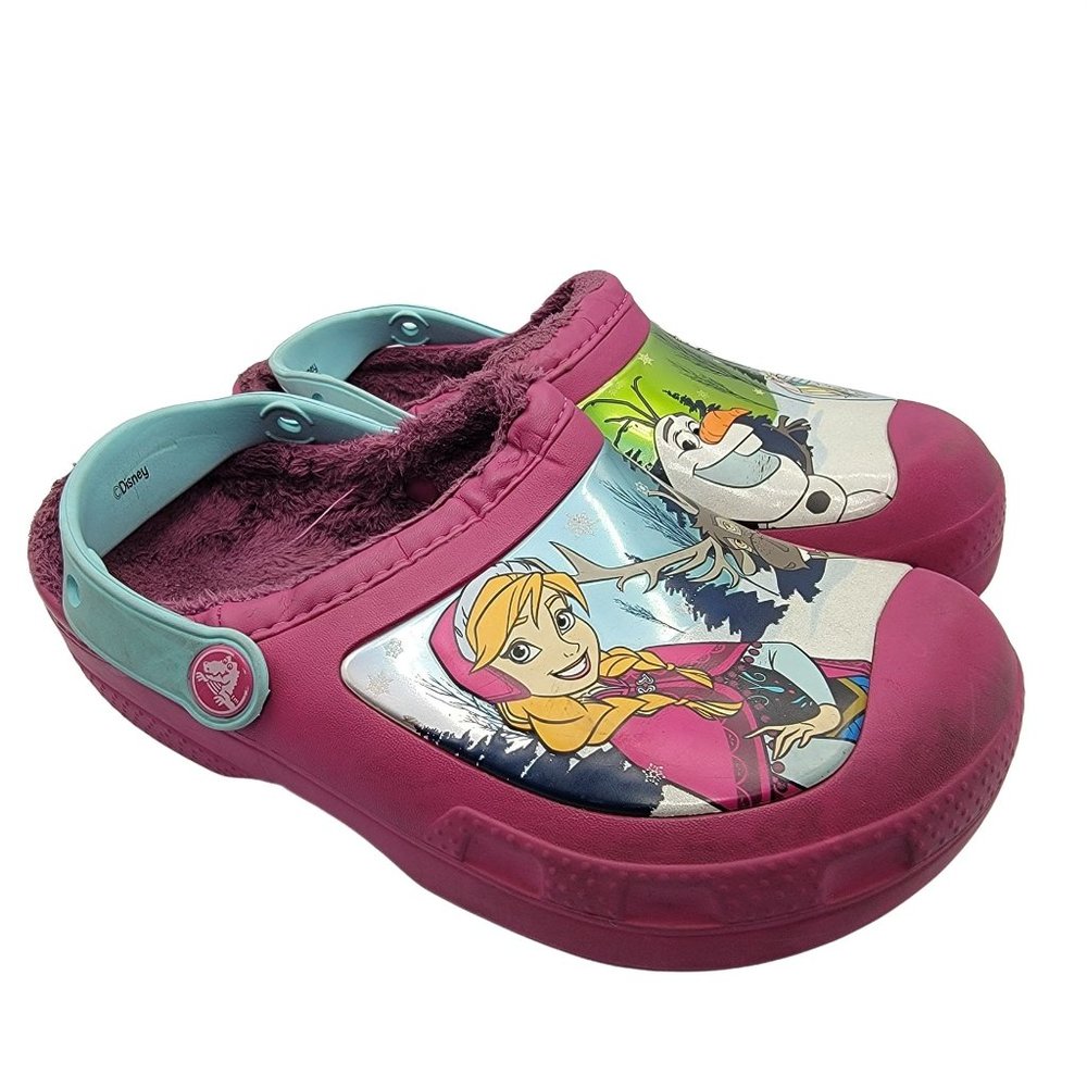 Crocs Disney Frozen Princess Pink Fur Lined Junior Size 3 Elsa Anna Olaf Sven